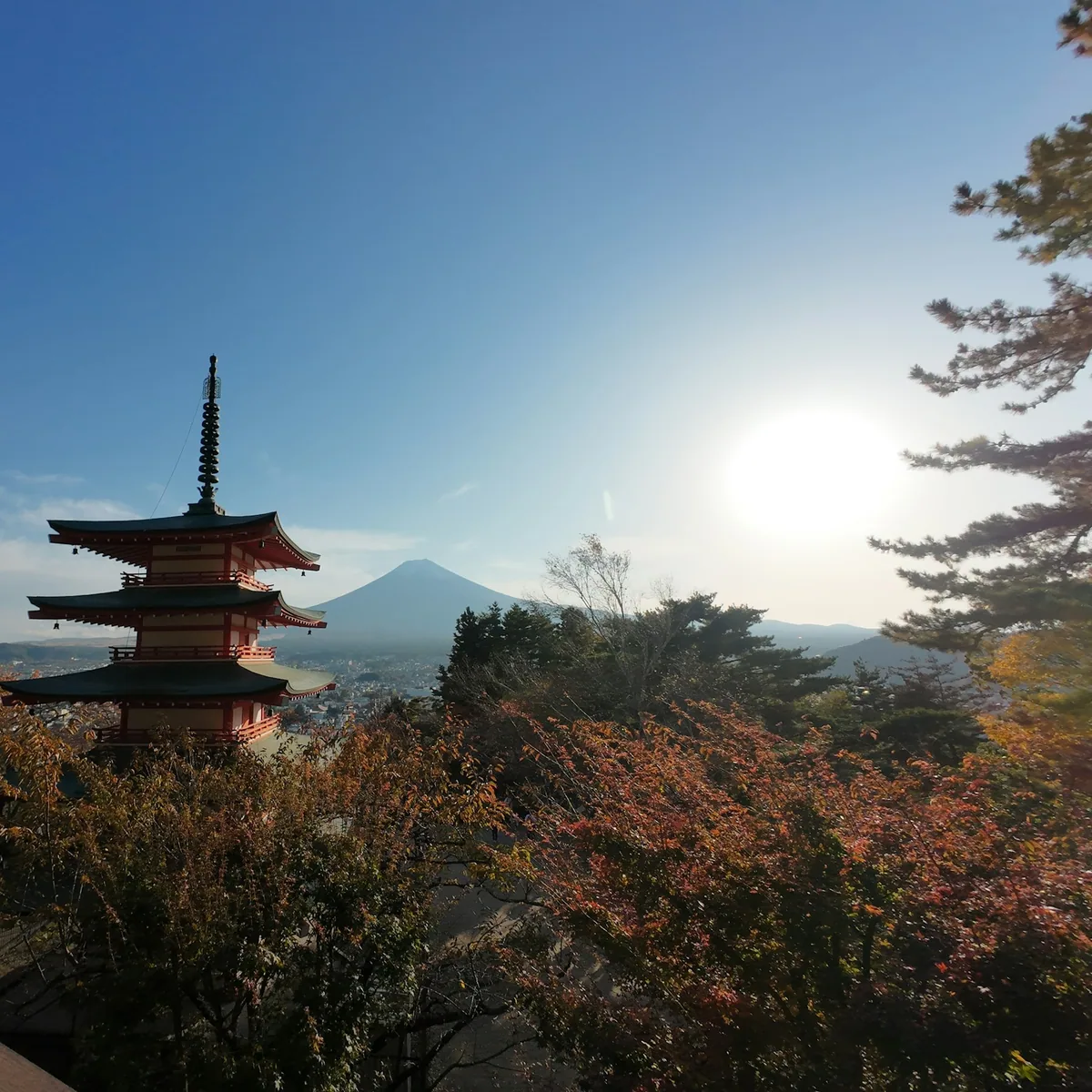 Pagoda with mount fuji in the distance, Japan