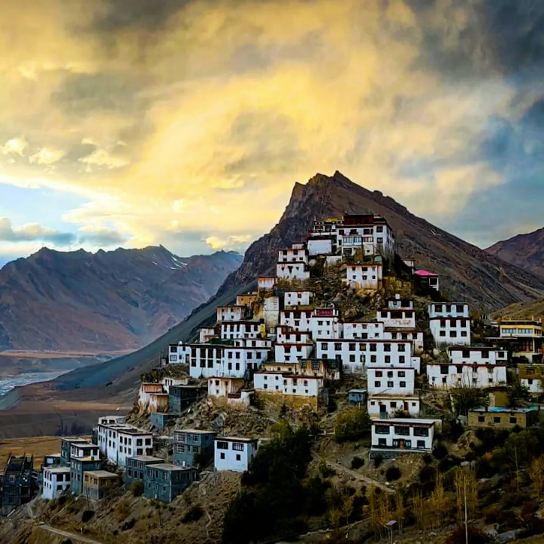 A town on a hill by a river, Spiti Valley