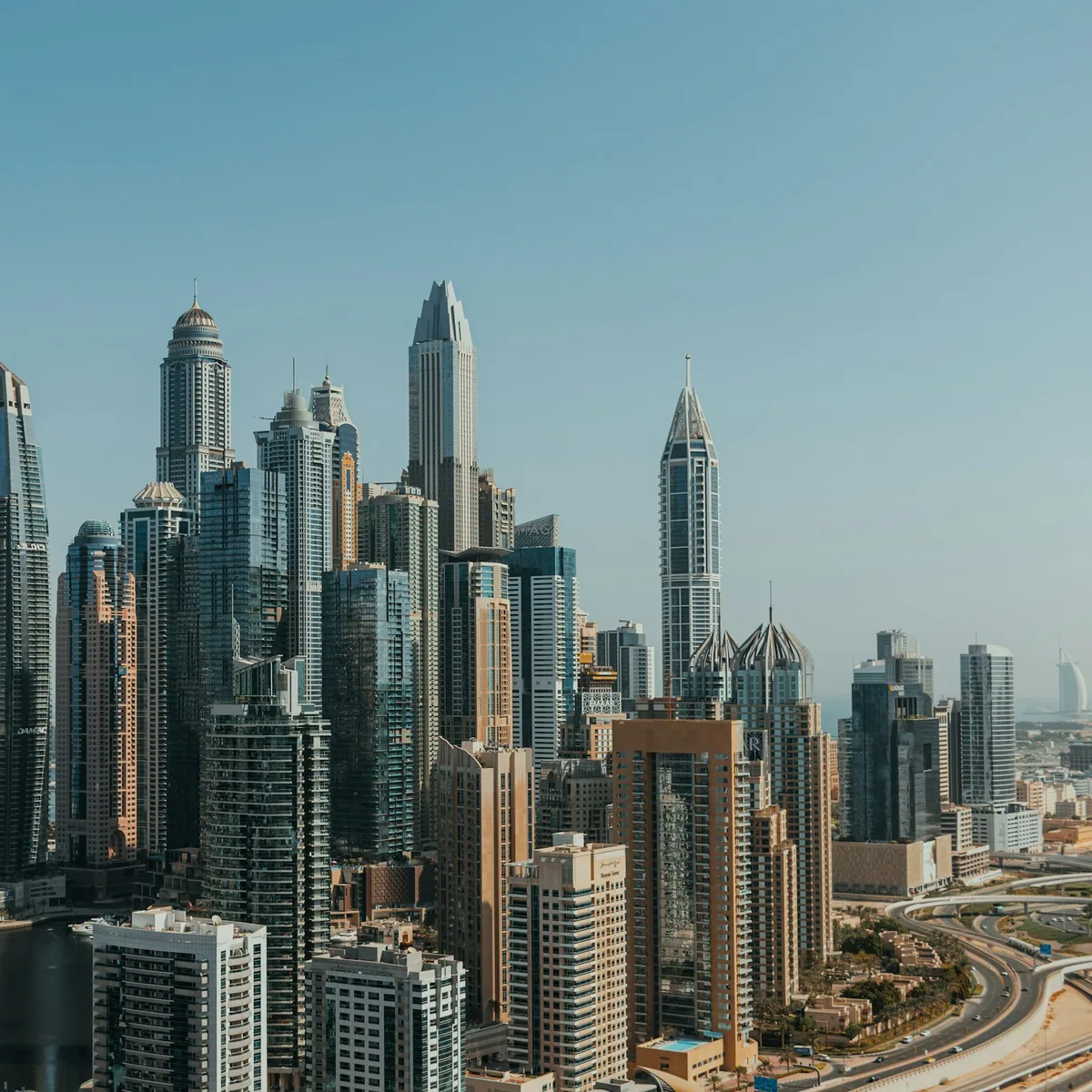 An aerial view of a city with tall buildings, Dubai