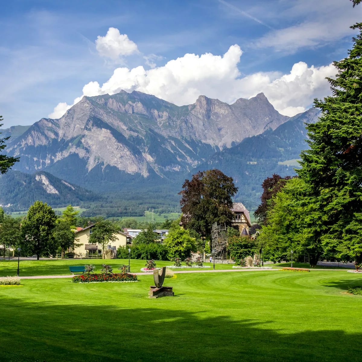 Green grass field with trees and mountains in the distance, Switzerland